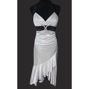 Debs Women's M White With Black Trim Satin Asymmetrical Midi Dress, NWT, Vtg